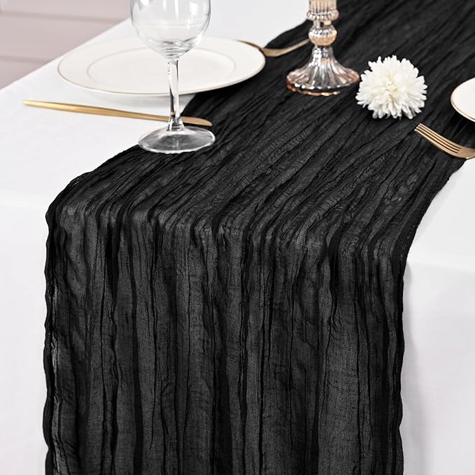 12 Pack Black Table Runner 10Ft Cheesecloth Table Runner Rustic Gauze Table Runners Romantic Long Sheer Fabric Cheese Cloth Table Runners for Wedding Party Bridal Baby Shower