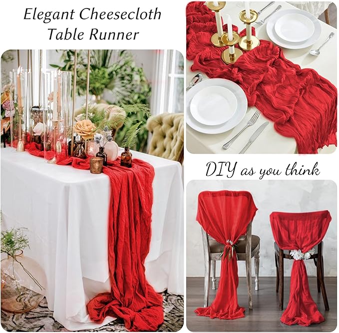 12 Pack Red Table Runner 10FT Cheesecloth Table Runner 21 x 120 inch Boho Gauze Cheese Cloth Table Runner Rustic Sheer Table Runner for Party Wedding Bridal Baby Shower Christmas Table Decor
