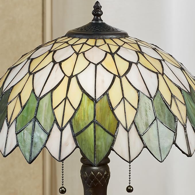 Marissa Abstract Magnolia Flower Stained Glass Table Lamp | Handcrafted Art Glass Shade with Iridescent Pale Yellow, Off-White, & Green Hues | Bronze Tree Trunk-Style Base | Dual Pull Chain Lighting