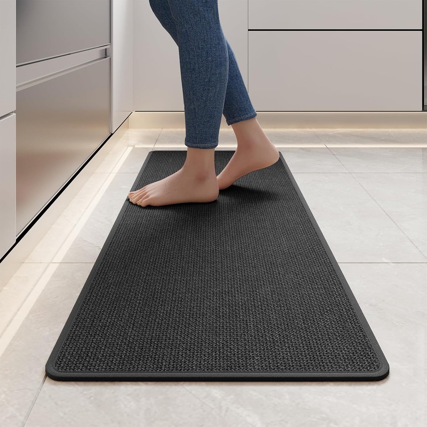 Kitchen Mats for Floor, Super Absorbent Kitchen Rugs Non Slip Washable, Soft Imitation Linen Braided Kitchen Runner Rug, Standing Mat Sink Mat, Easy to Clean, Black 17x47
