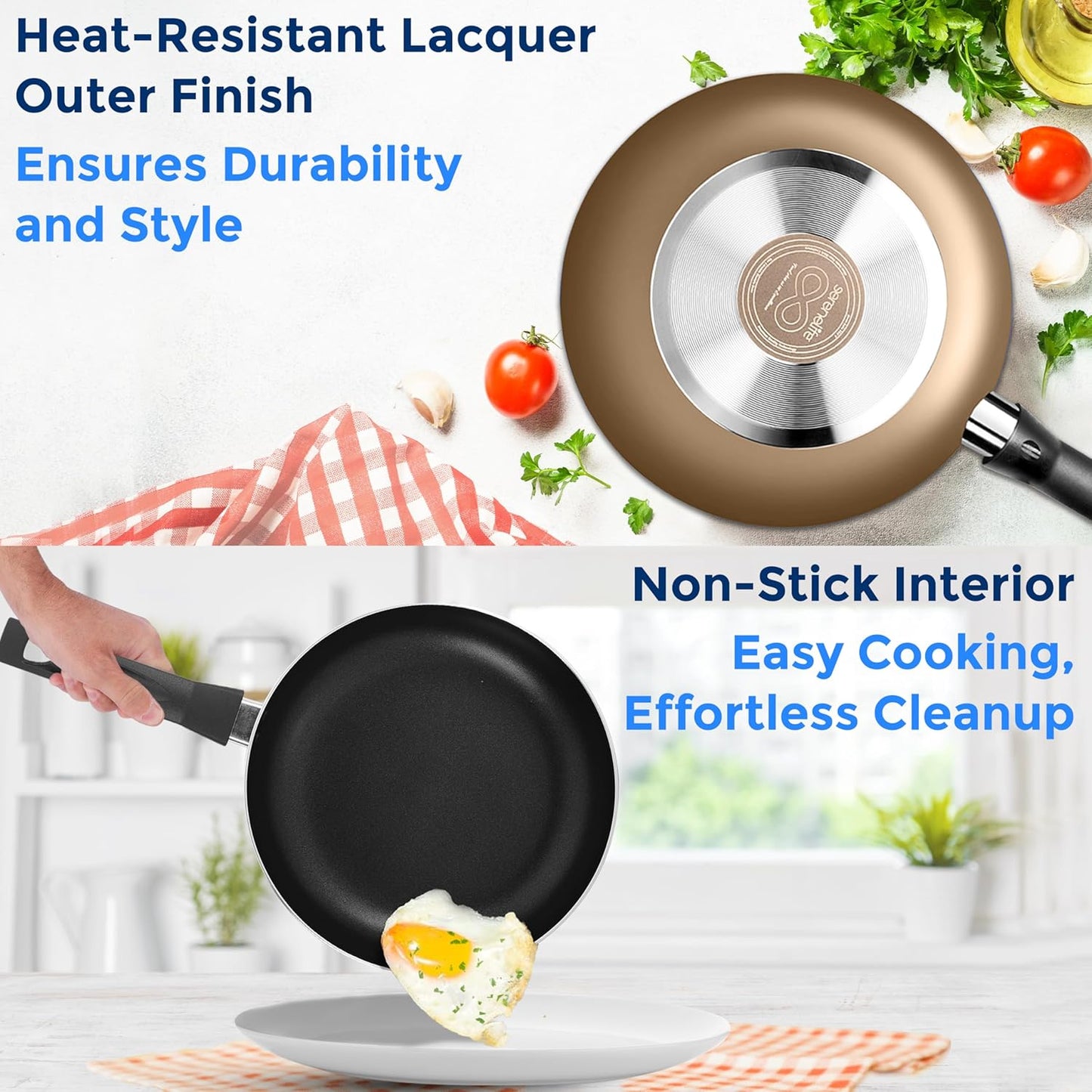 11-Piece Nonstick Kitchen Cookware Set - PTFE/PFOA/PFOS Free Heat Resistant Lacquer Kitchen Ware Pots Pan Set w/Bakelite Handles, Saucepan, Frying Pans, See-through Lid - SereneLife SLCW11GLD (Gold)