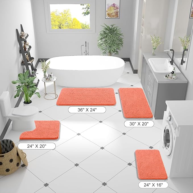 OLANLY Bathroom Rugs 47x17, Extra Soft Absorbent Chenille Bath Rugs, Rubber Backing Quick Dry, Machine Washable Bath Mats for Bathroom Floor, Tub and Shower, Home Decor Accessories, Coral