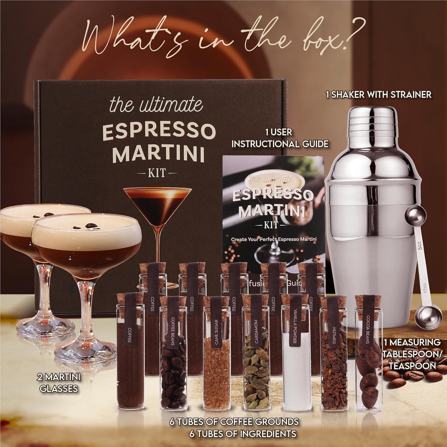 Espresso Martini Kit Gift Set– Complete Martini Maker Set with Espresso Mix, Party-Ready Accessories, and Elegant Decorations for Birthdays and Events, Birthday Gifts for Women