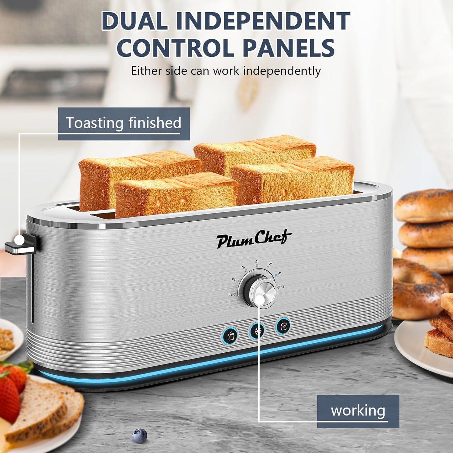4-Slice Long Slot Toaster, 7 Browning Settings, Defrost/Reheat Functions, Removable Crumb Tray, Full body Stainless Steel Housing, 1350W, Anti-Fingerprint & Anti-Jam,Silver