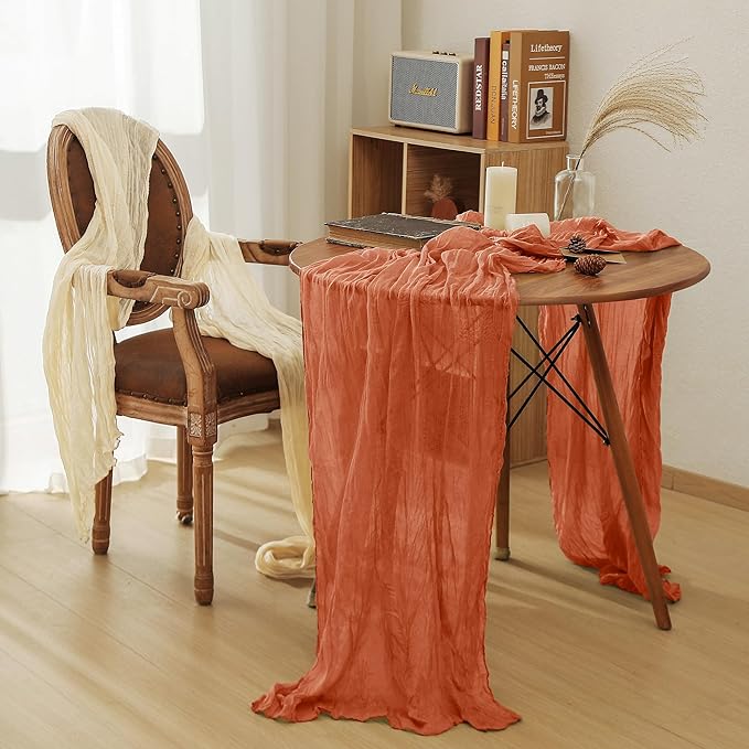 Leetaltree 2 Pack Orange Boho Rustic Cheesecloth Table Runner, 35x120 Inch, Decorative Table Runners for Bridal, Baby Shower, Wedding Table Decorations
