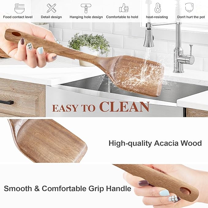 Wooden Cooking Utensils, 6 Pieces Natural Acacia Wooden Spoons For Cooking with Unique Notch & Heat Resistant Design, Non-Stick Wood Kitchen Utensil Set with Hanging Hole for Kitchen Essentials
