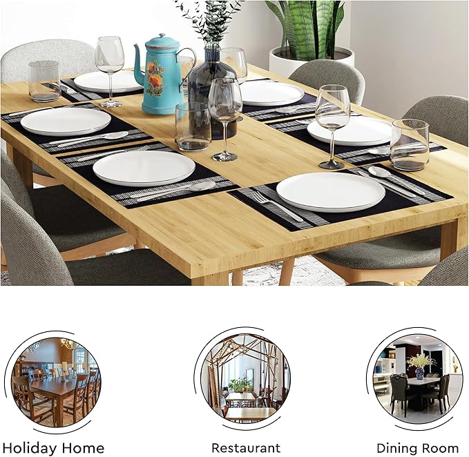 Encasa XO Dining Placemat Set of 6 | Solid Ladder Black Color | Fine Ribbed Cotton Table mat | Size 18x13 in |for Dining Table Fall Decoration, Holiday & Christmas Festivals - Machine Washable