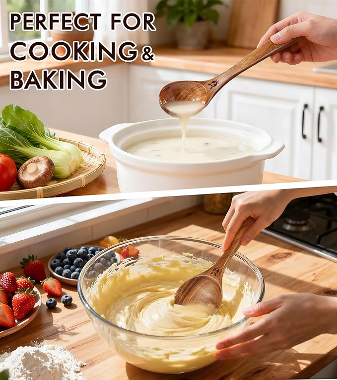 12 Pcs Teak Wooden Utensil Set with Holder & Spoon Rest, Wooden Spoons for Cooking with Comfort Grip, Wooden Cooking Utensils Set for Nonstick Cookware, Lightweight & Heat Resistant Kitchen Utensils