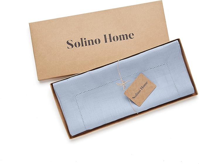 Solino Home Linen Sky Blue Table Runner 48 Inches - Classic Hemstitch, 100% Pure Linen Coffee Table Runner 14 x 48 Inch Ideal for Dresser Tables - Holiday, Christmas, New Year