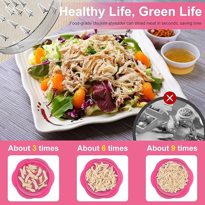 Chicken Shredder Large Chicken Breast Shredder Tool Twist with Brush&Fork, Visible Meat Shredder Machine, Anti-Slip Strip, Ergonomic Handle, BPA Free, Pork Beef Chicken(Hot Pink)