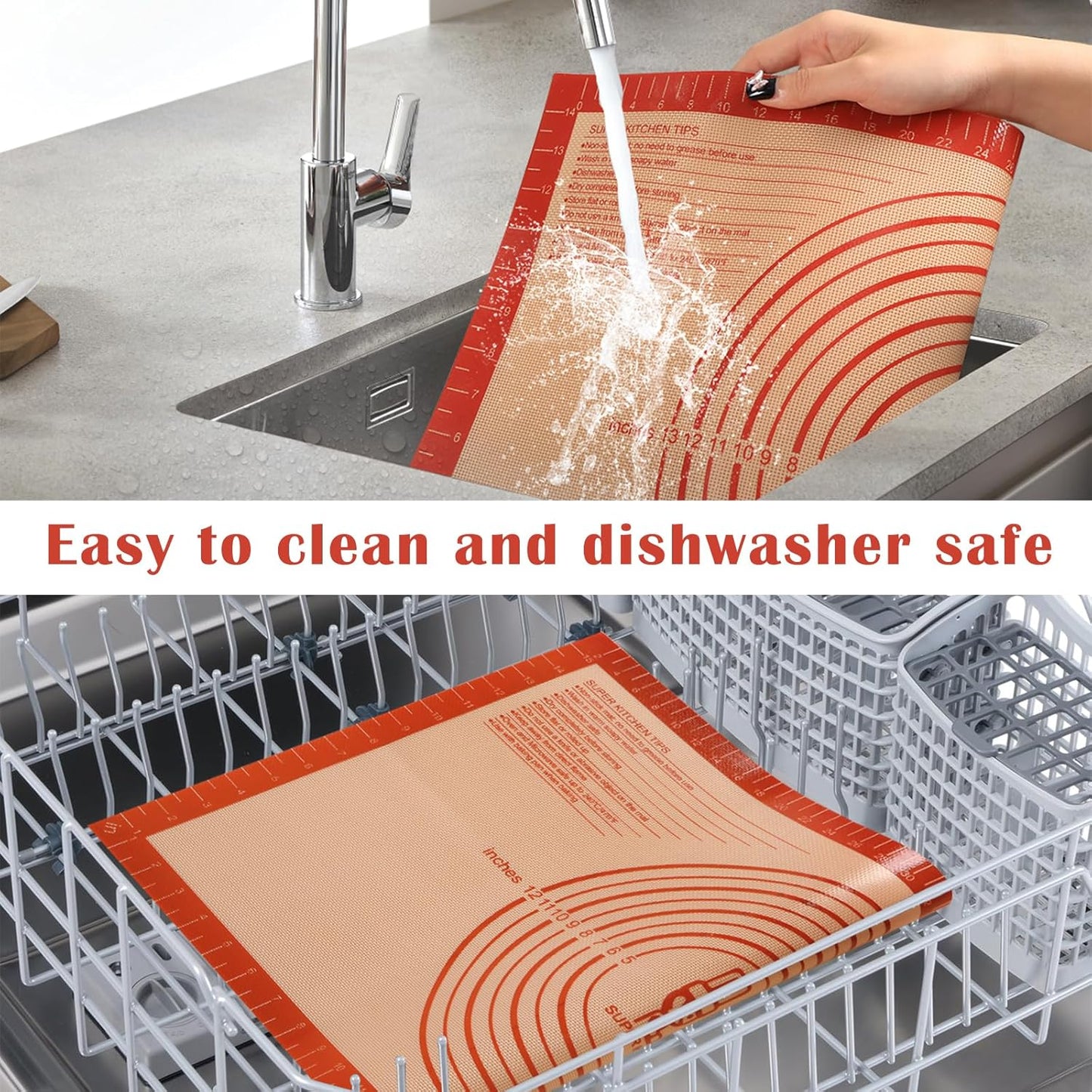 Non-slip Silicone Pastry Mat Extra Large with Measurements 16''By 26'' for Silicone Baking Mat, Counter Mat, Dough Rolling,Oven Liner,Fondant/Pie Crust By Folksy Super Kitchen Red