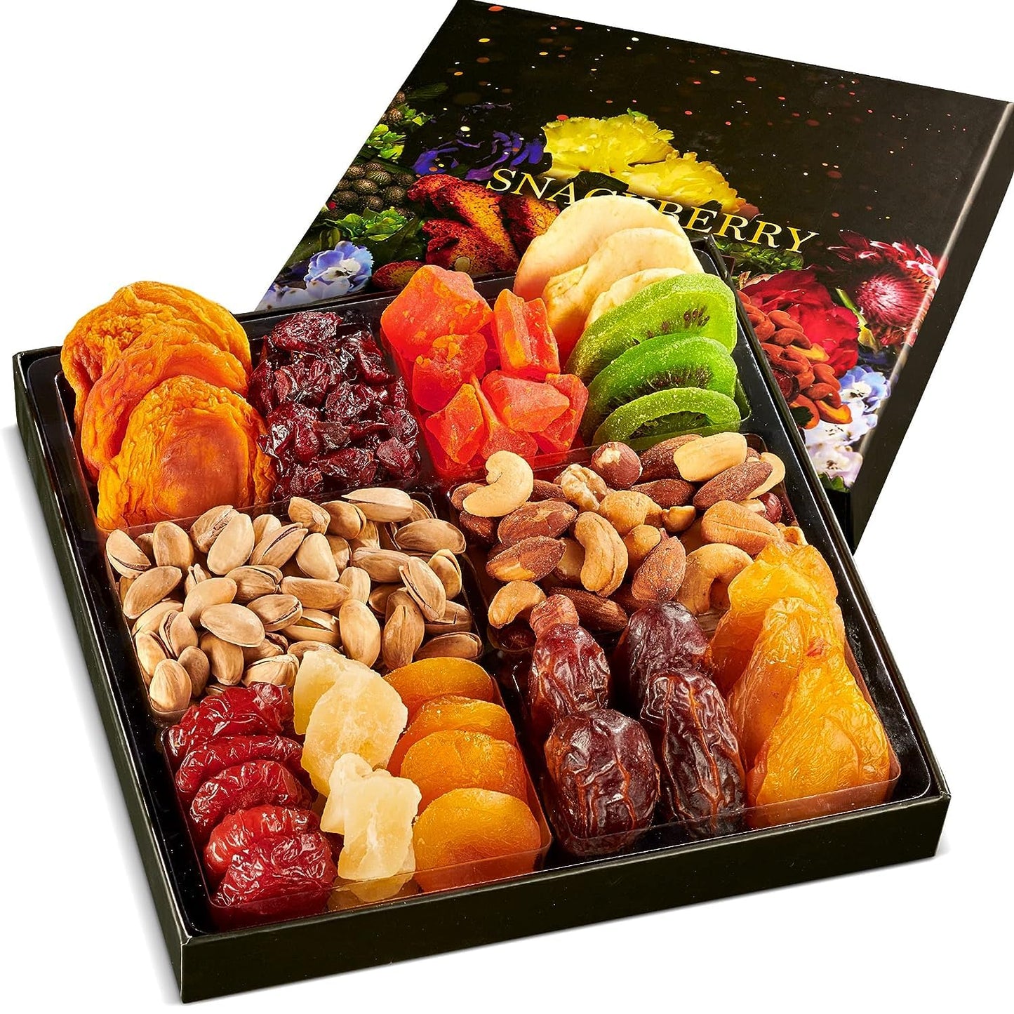 Dried Fruit & Nuts Gift Basket Arrangement Platter, Gourmet Food Snack Box, For Christmas, New Years, Birthday Care Package, Healthy Kosher - Her Him - 12 Snackberry Assortment (12-Pack)