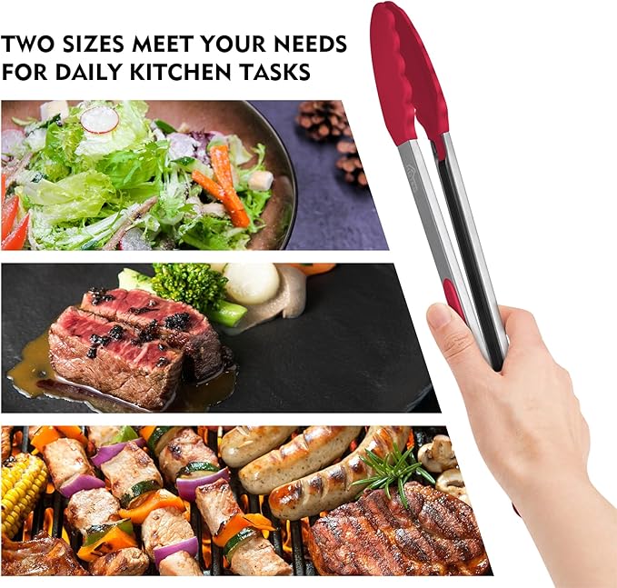 HOTEC Premium Stainless Steel Locking Kitchen Tongs with Silicon Tips, Set of 2-9" and 12"(Red)