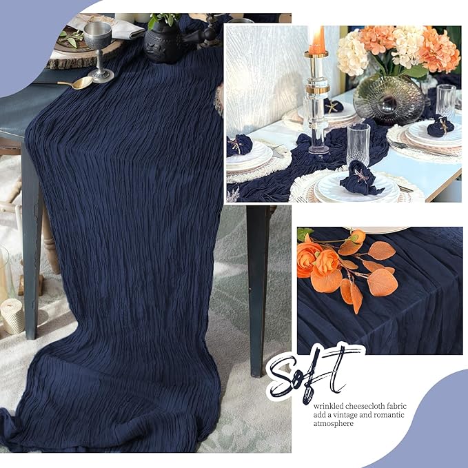 12 Pack Navy Blue Cheesecloth Table Runner 17x108 Inch Semi Sheer Boho Gauze Cheese Cloth Fabric Table Runners, for Wedding Party Baby Shower Birthday Home Decor Garden Farmhouse