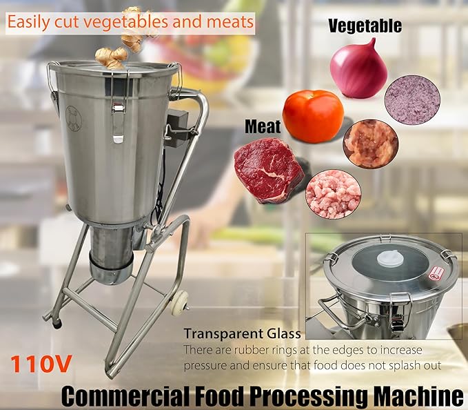 32L Commercial Food Processor, 1800W Stainless Steel Meat Grinder, Vegetable Cutter, Blender, Chopper with 2 Mobile Wheels Tiltable Bucket, for Fruits, Ginger, Garlic, Meat