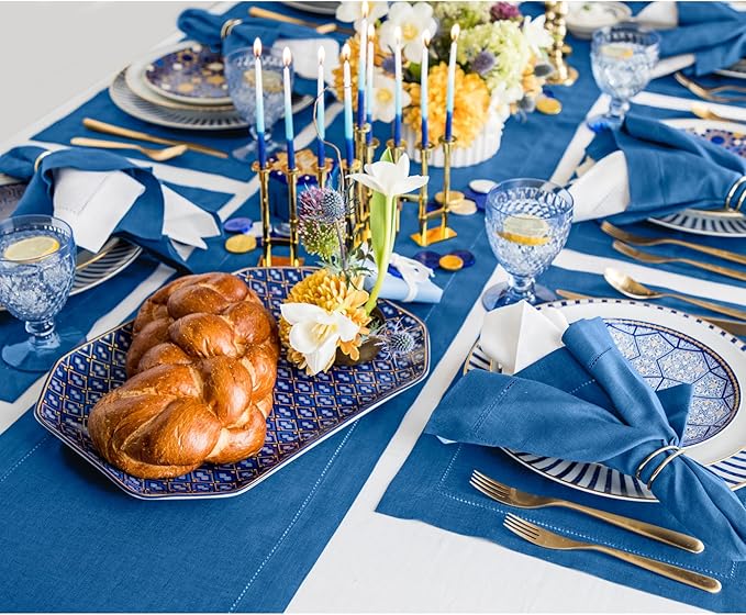 Solino Home Linen Indigo Blue Table Runner 144 Inches Long - 100% Pure Linen Extra Long Table Runner 14 x 144 Inch - Classic Hemstitch