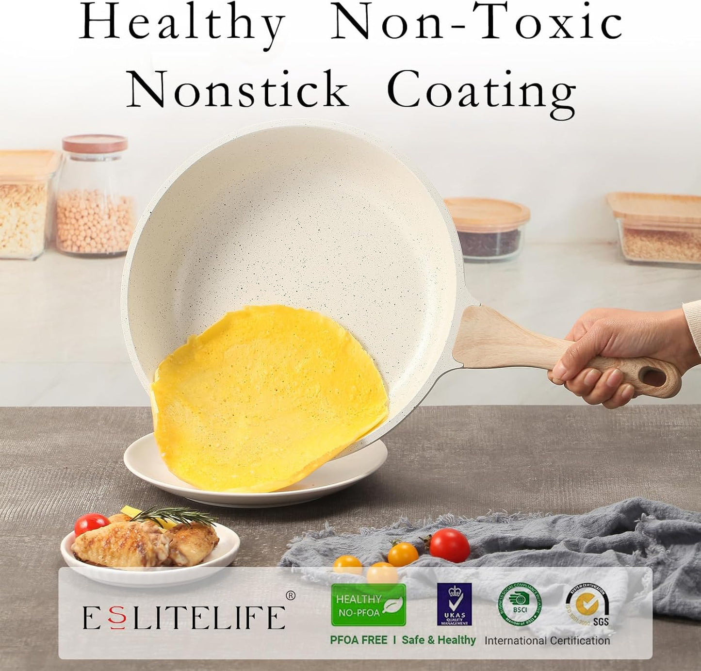 ESLITE LIFE Nonstick Ceramic Frying Pans Skillets Set, Non-Toxic Egg Omelette Kitchen Cooking Pans Compatible with All Stovetops (Gas, Electric & Induction), PTFE & PFOA Free (White)