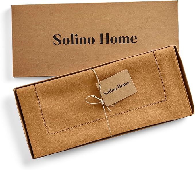 Solino Home Linen Table Runner 60 Inches - 100% Pure Linen Brown Sugar Hemstitch Table Runner 14 x 60 Inch Ideal for Dresser and Coffee Tables - New Year - Classic Hemstitch