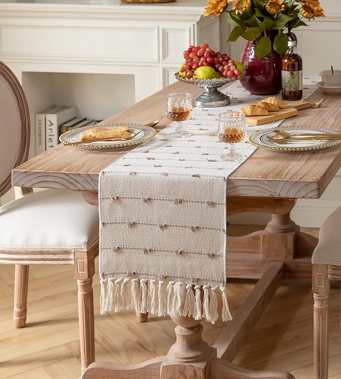 Caflife Boho Table Runner 108 Inchs Long for Modern Farmhouse Room Home Decor, Taupe and Beige Coffee Table Runner, Natural Cotton Woven with Tassels Neutral, for Kitchen Dining Table Decor