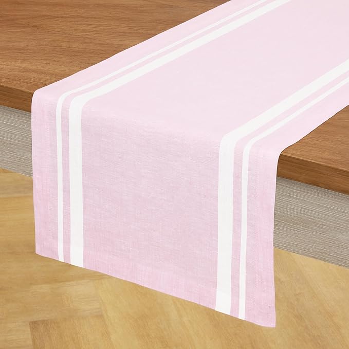 Solino Home Linen Table Runner 90 Inches Long - 100% Pure Linen White and Dusty Pink French Stripe Table Runner 14 x 90 Inch for Dining