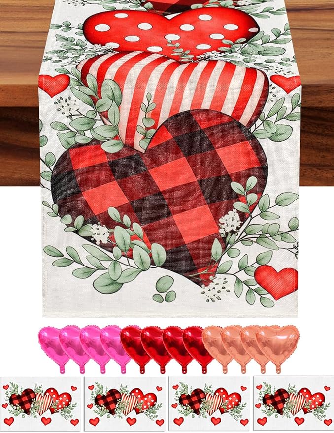 Eucalyptus Hearts Valentine's Day Table Runner 13"x72" & 4 Pcs 12"x18" Placemats Sets with 12 Heart Balloons, Love Letter Balloons, Stickers & Blowing Straw for Home Party Decor