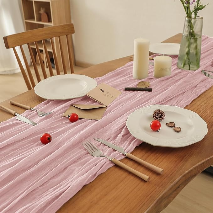 Leetaltree 6 Pack Dusty Pink Cheesecloth Table Runner, 35x120 Inch Boho Rustic Cheese Cloth Table Runner, Decorative Table Runners for Bridal Baby Shower Decorations or Wedding Table Decorations