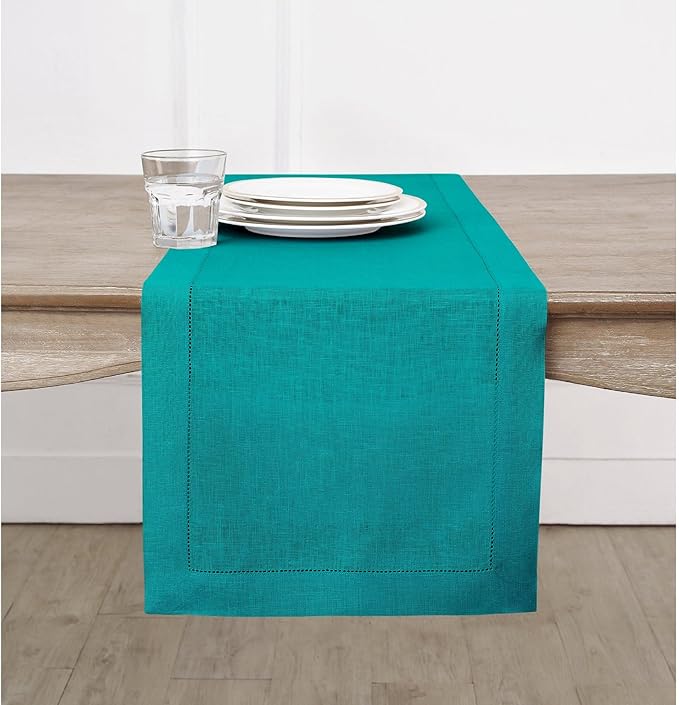 Solino Home Linen Hemstitch Table Runner 36 Inches - 100% Pure Linen Teal Table Runner 14 x 36 Inch Ideal for Dresser and Coffee Tables - Christmas, New Year - Classic Hemstitch