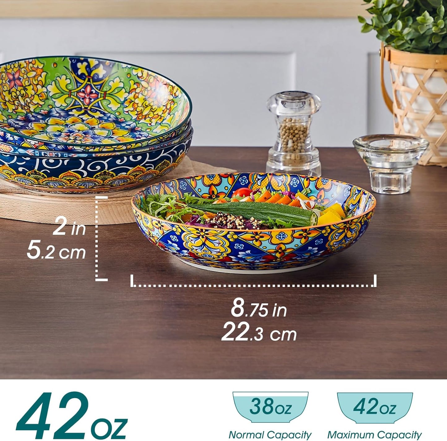 vancasso Pasta Bowls, 42 oz Ceramic Salad Bowls of 4,Large Corlorful Serving Bowls for Kitchen, Dishwasher & Microwave Safe Soup Bowls, Pasta Plates
