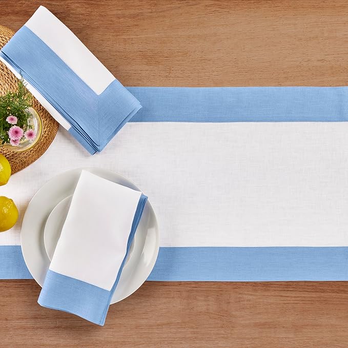 Solino Home Linen Table Runner 90 Inches Long - Cornflower Blue and White 100% Pure Linen 14 x 90 Inch Table Runner for Dining - Contempo