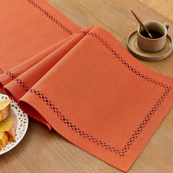 Fall Table Runner Decorations, Burlap Style Farmhouse 13 x 48 Inch Orange Table Runner, Rustic Geometric Hollow Table Runners 48 Inches Long for Autumn Thanksgiving Decorations, 13x48 Inches, Orange