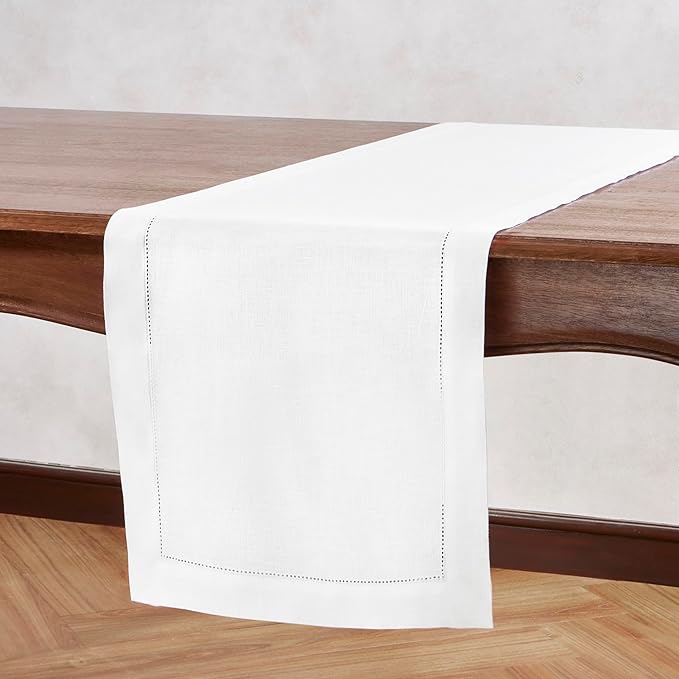 Home Ekaa Off White Table Runner 36 inches – Medium Weight Hemstitch, 100% Pure Linen Coffee Table Runner 14 x 36 Inch Ideal for Dresser Tables – Azure, Spring, Summer, Wedding Gift
