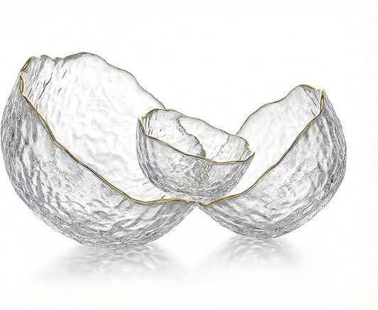Glass Serving Bowls Set of 3 with Gold Rim - Decorative Crystal Fruit Bowl & Dessert Cups - Lotus Shape Nesting Glassware for Snacks, Dips, Side Salad, Popcorn - Elegant Centerpiece for Table