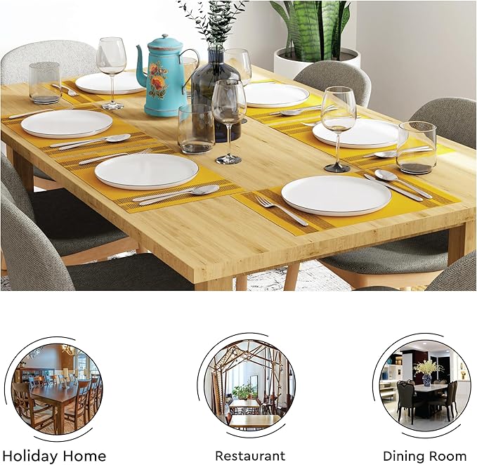 Encasa XO Dining Placemat Set of 6 | Solid Ladder Yellow Color | Fine Ribbed Cotton Table mat | Size 18x13 in |for Dining Table Fall Decoration, Holiday & Christmas Festivals - Machine Washable