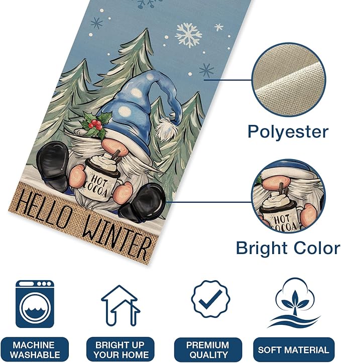 Seliem Hello Winter Blue Gnome Table Runner, Pine Tree Snowflake Hot Cocoa Farmhouse Kitchen Dining Table Decor, Christmas Holiday Rustic Home Decoration Indoor Outdoor Party Supply 13 x 90 Inches