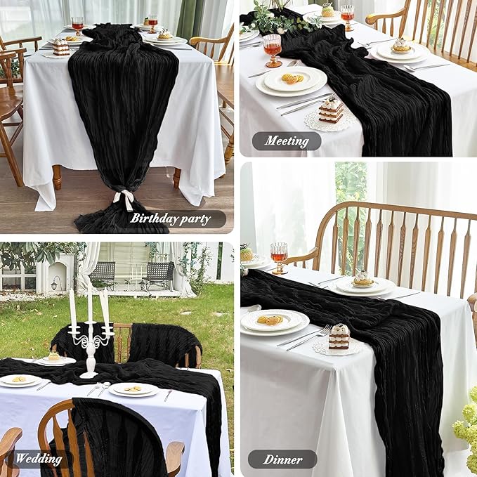 IVAPUPU 2 Pcs Cheesecloth Table Runner - 10ft Black Boho Gauze Black Cheese Cloth Table Runners for Indoor Baby Shower Decoration Wedding Party Summer Garden Fall Thanksgiving Decor
