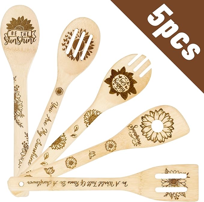 Eartim Sunflower Wooden Spoon Utensils - 5Pcs Summer Sunflower Theme Kitchen Cooking Utensil Set Natural Non-Stick Carve Burned Bamboo Cooking Spoon Slotted Spatulas Kitchen Tool Birthday Wedding Gift