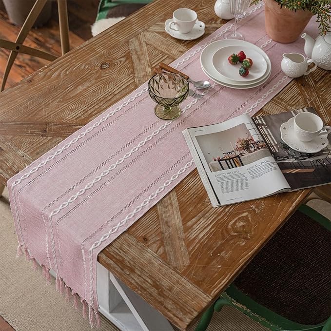 Niviy Table Runners 90 Inches Long with Tassels - Gifts for Her, Pink Boho Embroidered Table Runner Farmhouse Rustic Linen Runners for Wedding Party Baby Shower Home Decor (Pink, 12"×90")