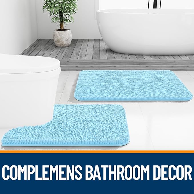 OLANLY Bathroom Rugs 47x17, Extra Soft Absorbent Chenille Bath Rugs, Rubber Backing Quick Dry, Machine Washable Bath Mats for Bathroom Floor, Tub and Shower, Home Decor Accessories, Sky Blue