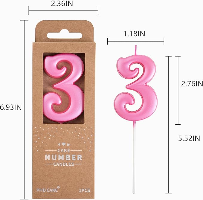 PHD CAKE 2.76 Inch Elegant Pink 3 Number Birthday Candles, Pink Number Candles, Cake Number Candles, Party Celebration