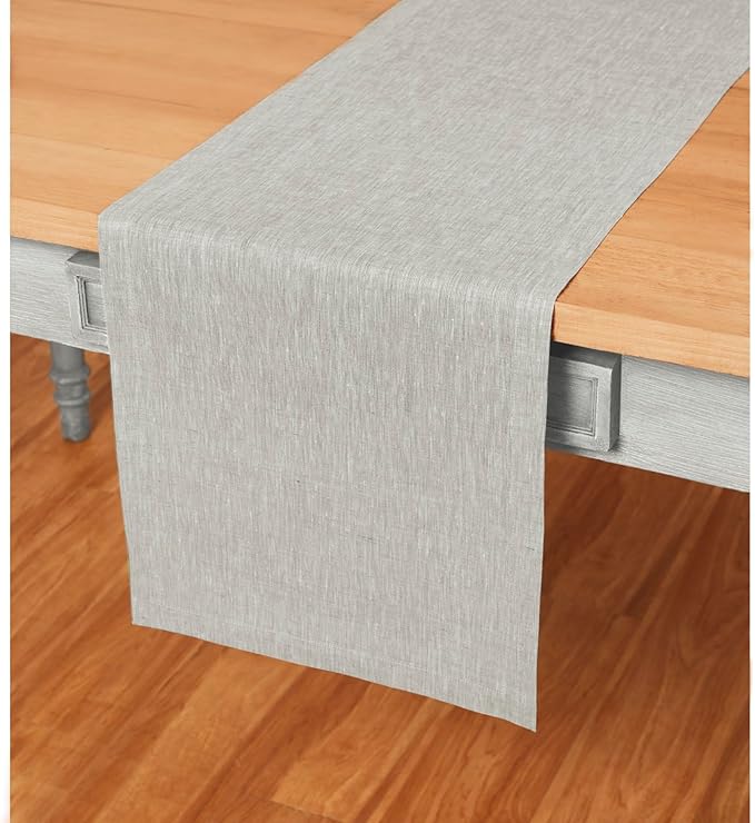 Solino Home Linen Table Runner 156 Inches Long - Athena, 100% Pure Linen Oyster Grey Dining Table Runner 14 x 156 Inch