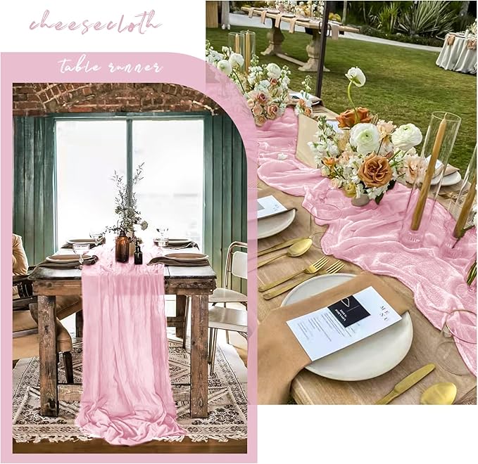 12 Pack 10Ft Light Pink Cheesecloth Table Runner 35 x 120 inch Boho Gauze Cheese Cloth Table Runner Vintage Rustic Sheer Runners for Wedding Bridal Shower Birthday Party Cake Table Decorations