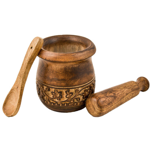 GoCraft Wooden Carved Mortar and Pestle | Grinder for Herbs, Spices and Kitchen Usage, Natural Mango Wood Engraved | Handmade Mortar and Pestle - 3.5 in