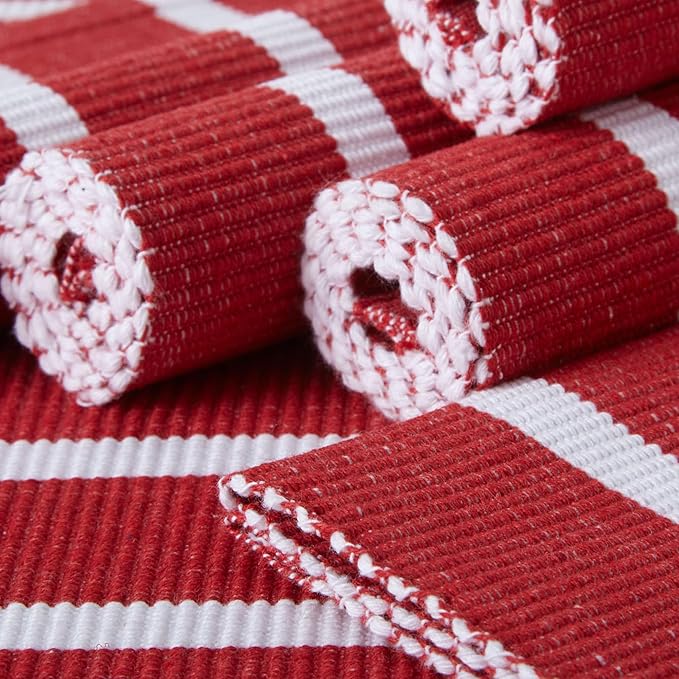 Encasa XO Dining Placemat Set of 6 | Solid Roma Red Stripes Color | Fine Ribbed Cotton Table mat | Size 19x13 in |for Dining Table Fall Decoration, Holiday & Christmas Festivals - Machine Washable