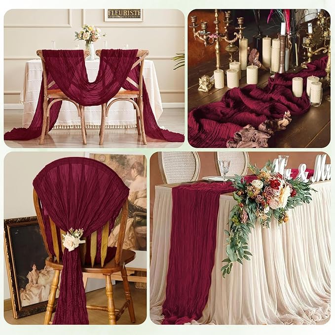 12 Pack Burgundy Cheesecloth Table Runner 17x108 Inch Semi Sheer Boho Gauze Cheese Cloth Fabric Table Runners, for Wedding Party Baby Shower Birthday Home Decor Garden Farmhouse