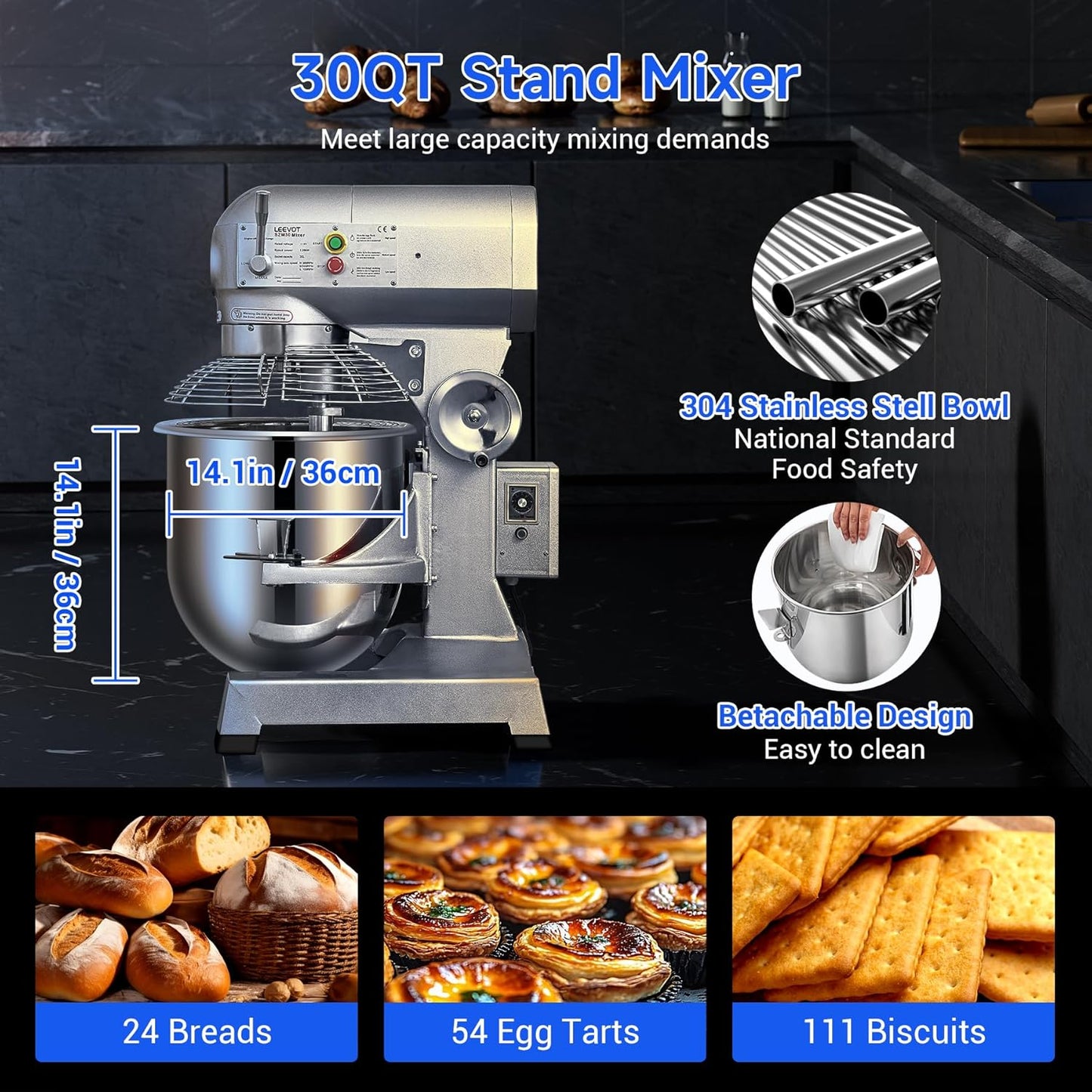 Commercial Food Mixer 30Qt,1250W Commercial mixer 3-Speed Adjustable with Timing Function,Industrial Dough Mixer with Stainless Steel Bowl for Bakery Pizzeria (Upgrade)