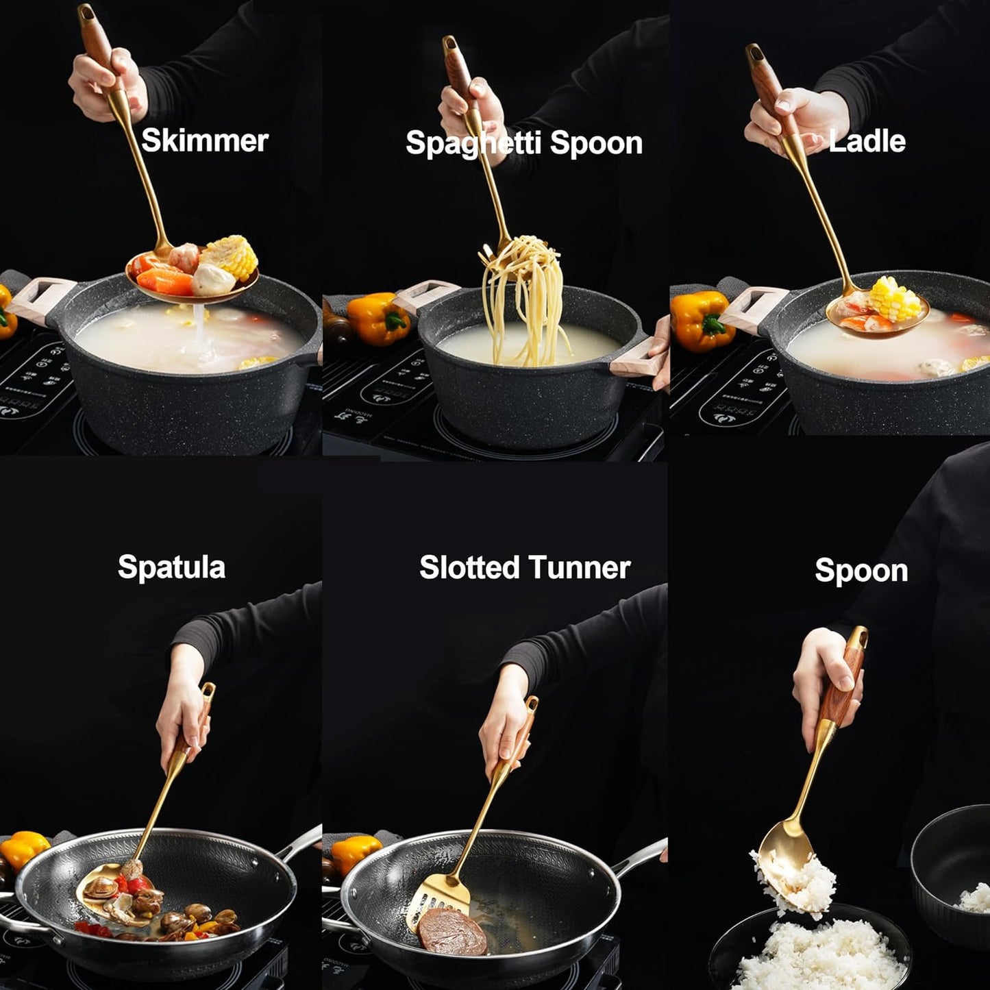 Gold Kitchen Utensils Set with Wooden Handle, 6 PCS Professional Cooking Utensils Set, Wok Spatula, Ladle, Skimmer, Slotted Spatula Turner, Spaghetti Spoon, Large Spoon
