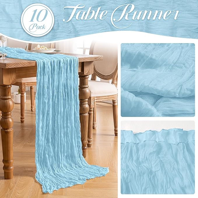 Leetaltree 10 Pack Blue Cheesecloth Runner, 35x120 Inch Boho Rustic Cheese Cloth for Table, Decorative Runners for Bridal Baby Shower or Wedding Decorations