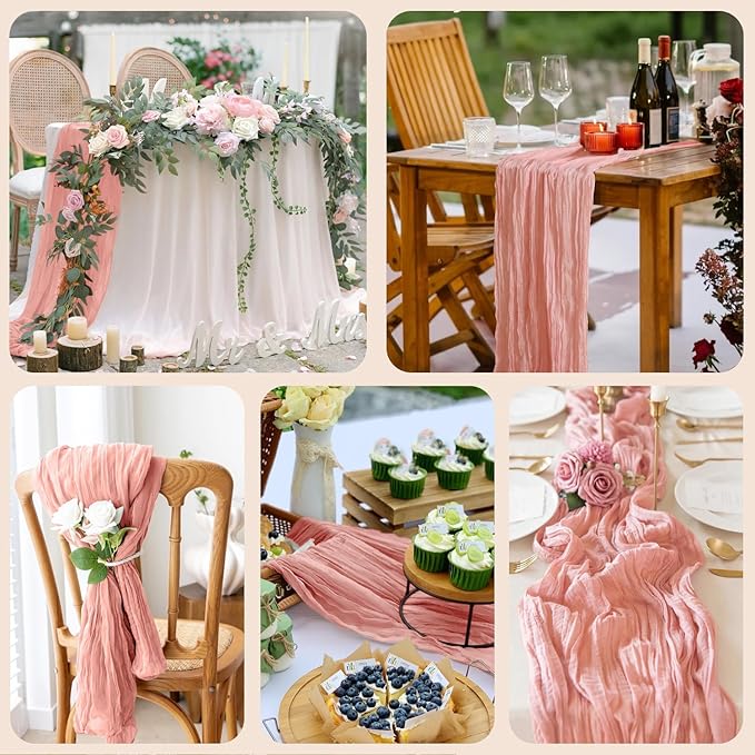 Wokceer Cheesecloth Table Runner 2Pack 10FT Dark Rose Boho Gauze Fall Thanksgiving Cheese Cloth Table Runner for Party Long Rustic Sheer Table Runners for Baby Bridal Shower Wedding Easter Table