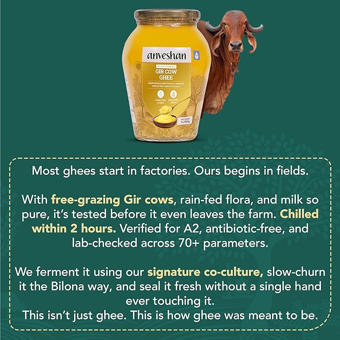 Anveshan A2 Gir Cow Ghee Clarified Butter 33 Fl. Oz/1000mL | Grass-Fed | Pasture-Raised | Gut Friendly | Keto Friendly | High Smoke Point | Sustainably Sourced | Casein Free