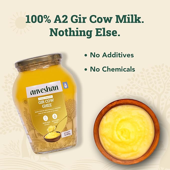 Anveshan A2 Gir Cow Ghee Clarified Butter 33 Fl. Oz/1000mL | Grass-Fed | Pasture-Raised | Gut Friendly | Keto Friendly | High Smoke Point | Sustainably Sourced | Casein Free